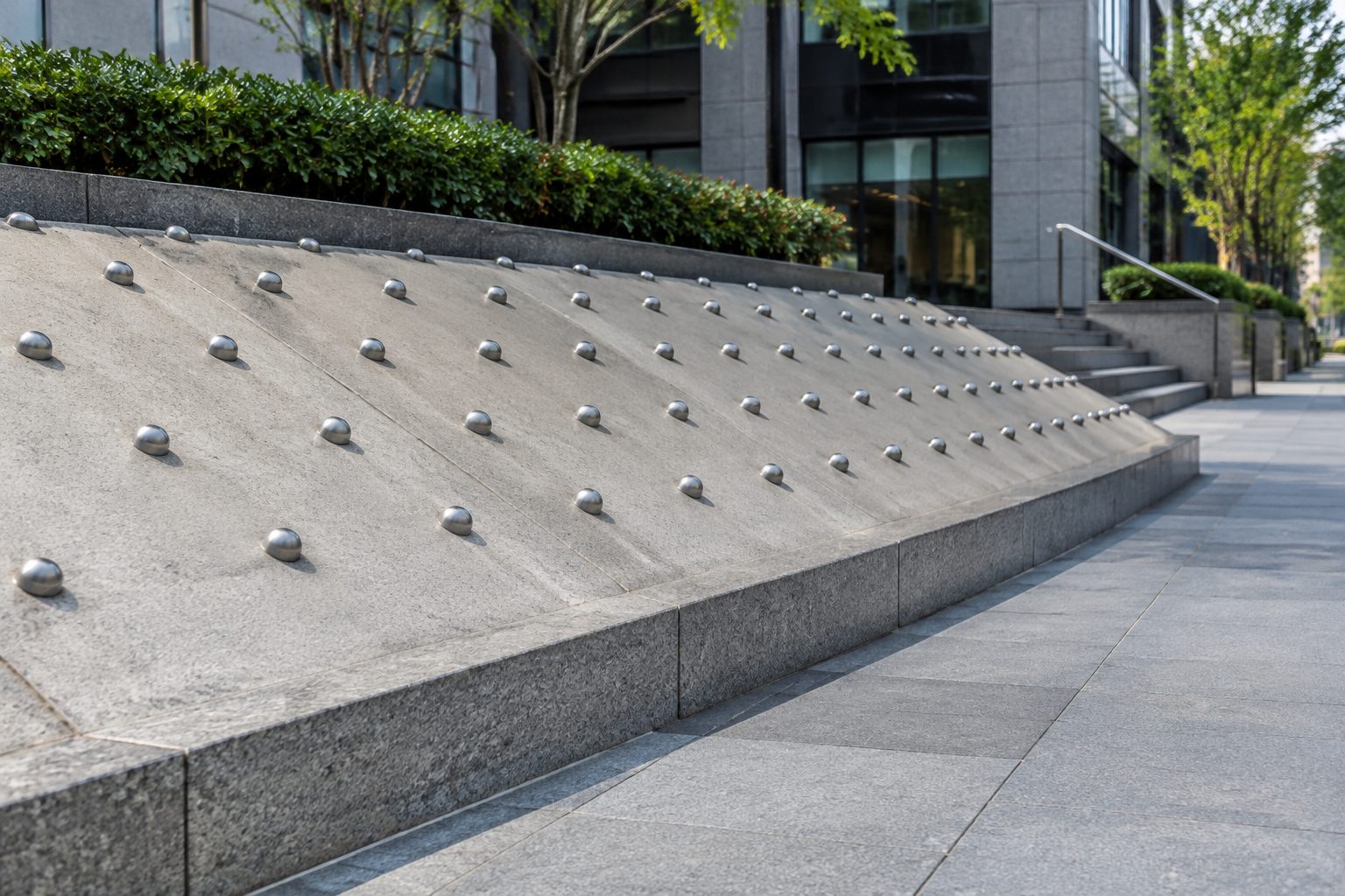 A sloped concrete bank in a public plaza with rows of small stainless steel knobs embedded across the surface