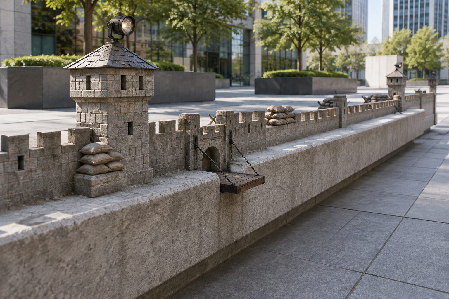A plaza bench fortified like a medieval castle with a guard tower, sandbags and drawbridge