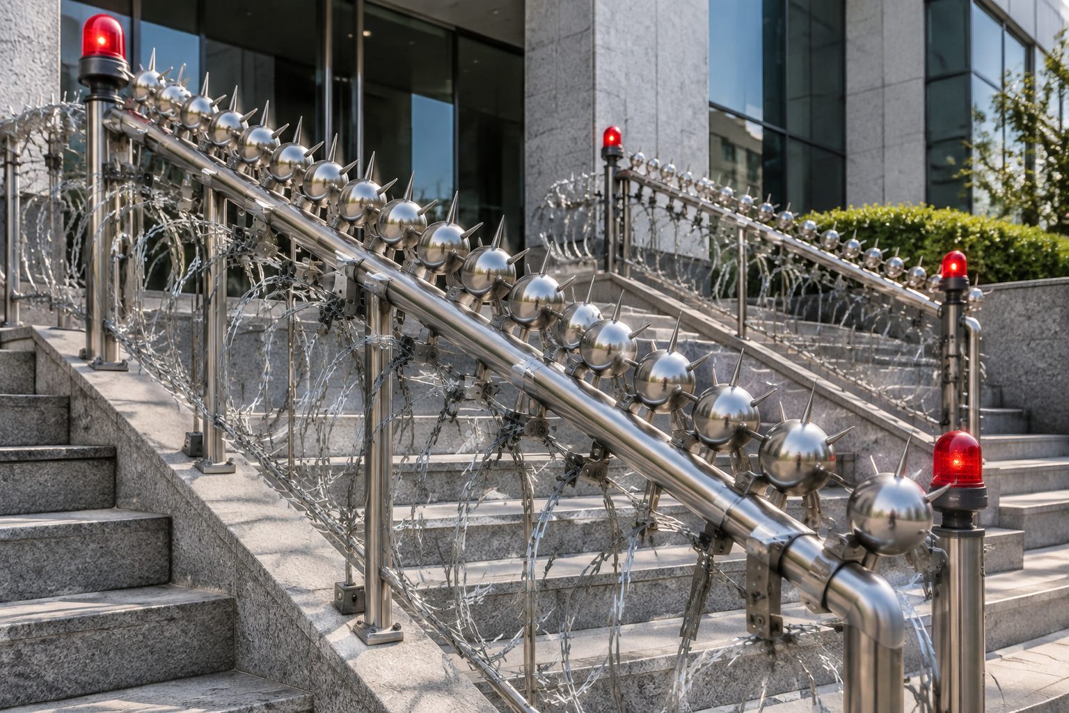 A handrail overloaded with excessive knobs, barbed wire and warning beacons