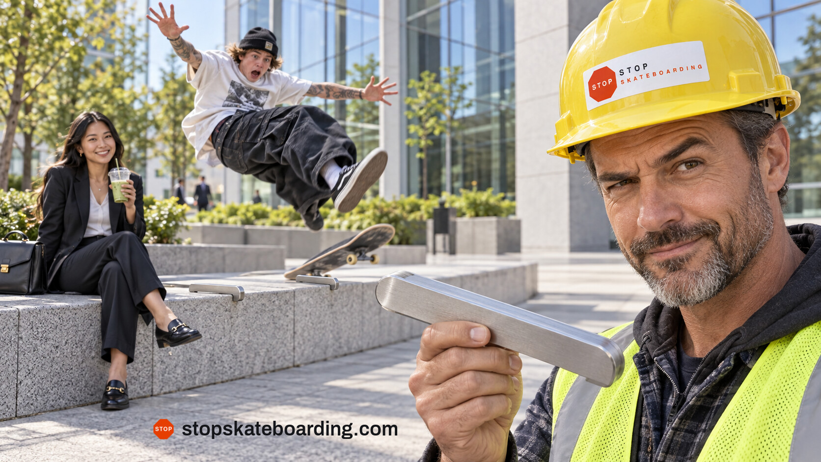 Advertising photo: a smiling man in a yellow Stop Skateboarding hard hat holds a stainless steel skate stopper toward the camera while, behind him, a skateboarder is flung comically from a concrete ledge fitted with matching stoppers, and a businesswoman with an iced matcha smiles from the ledge