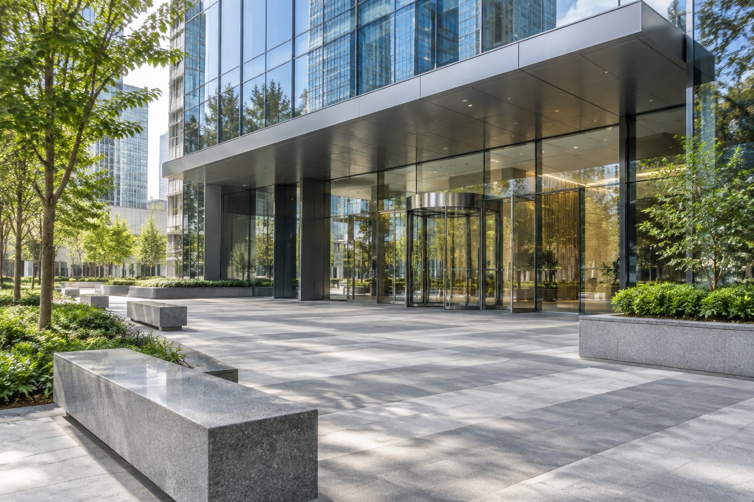 Modern glass office tower entrance plaza with stone benches and ledges