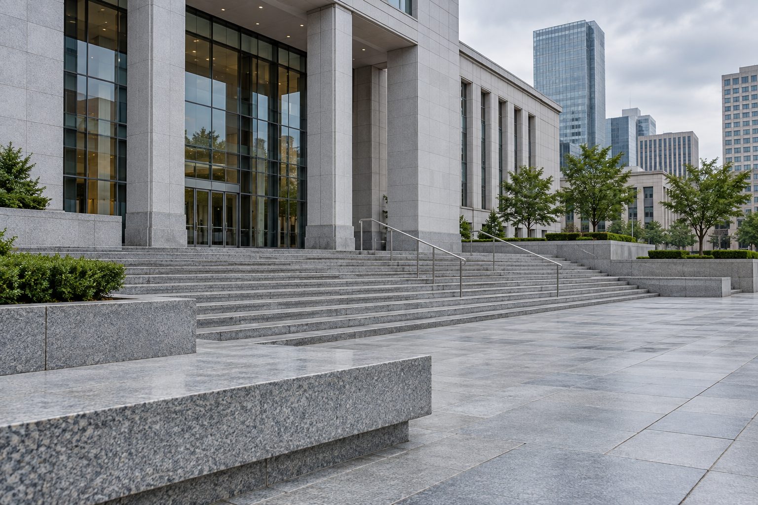 Civic government plaza with broad granite steps in front of a modern city hall