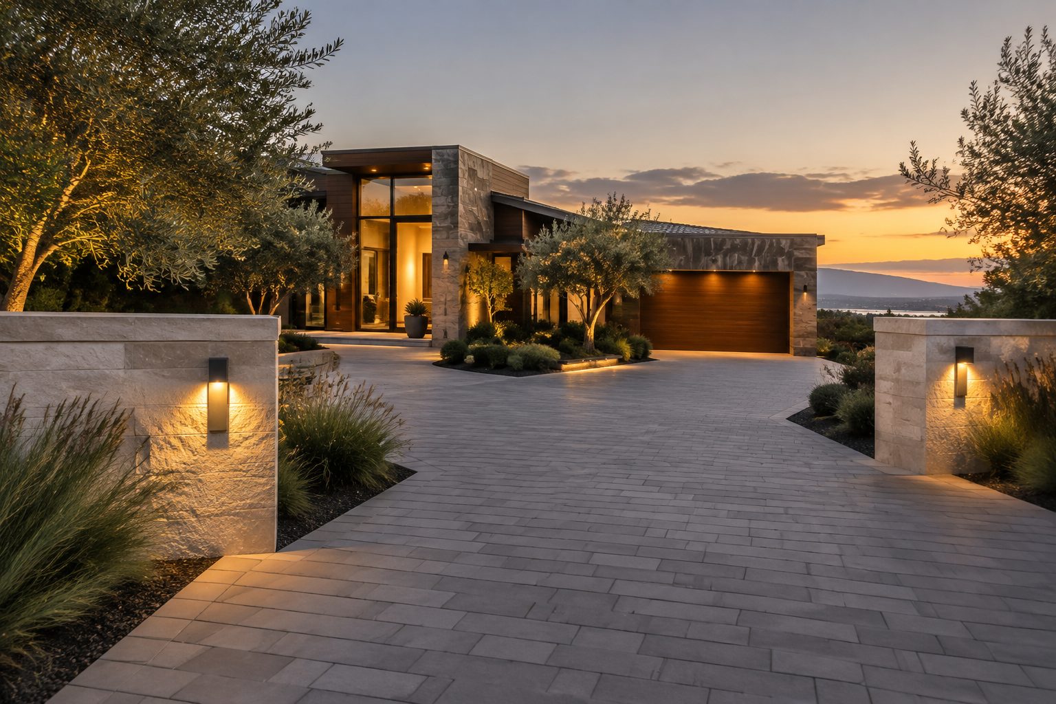 Upscale modern residence entrance with low stone walls in warm evening light