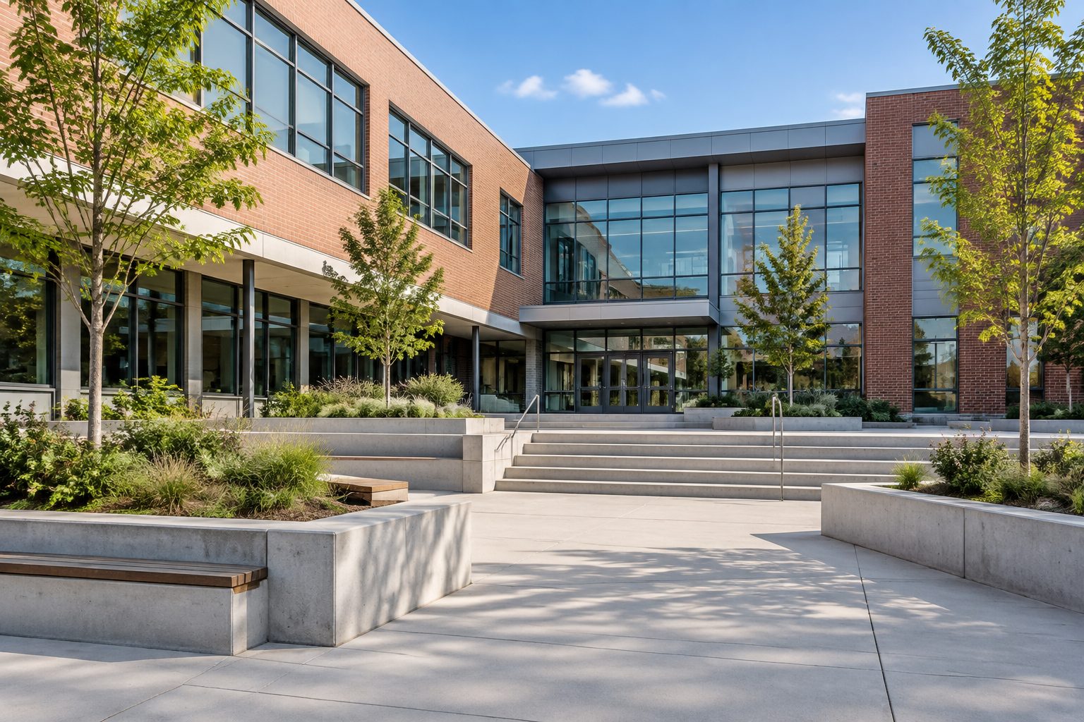Modern school campus courtyard with concrete planters and wide steps