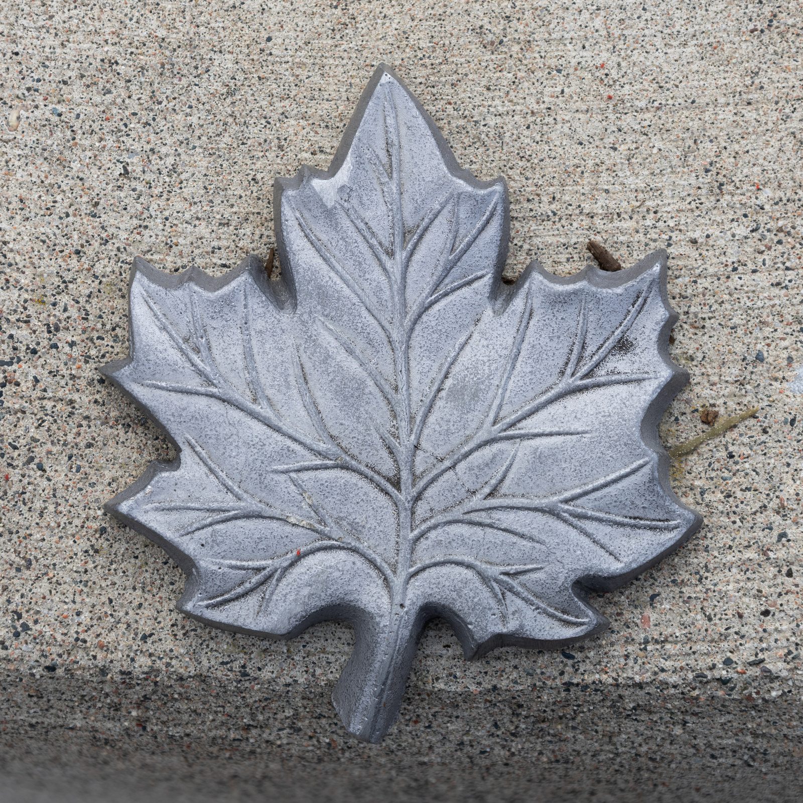 Close-up of a cast metal maple leaf skate stopper mounted on a concrete ledge edge