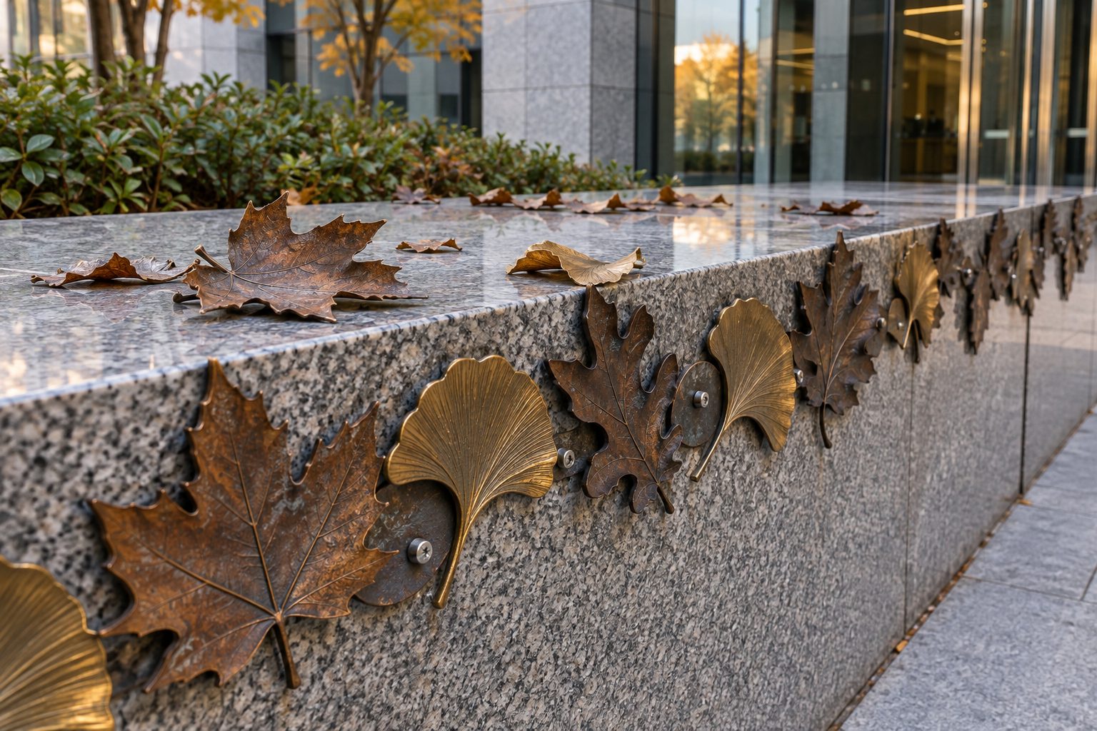 Mixed cast metal leaves - maple, ginkgo and oak - along the edge of a granite ledge