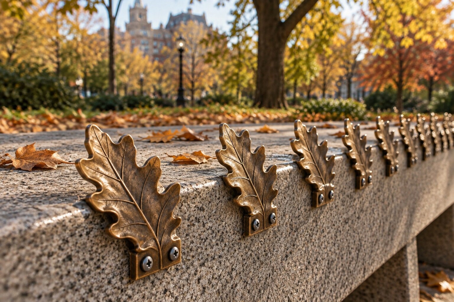 Bronze oak leaf deterrents bolted along a park bench edge among scattered decorative leaves