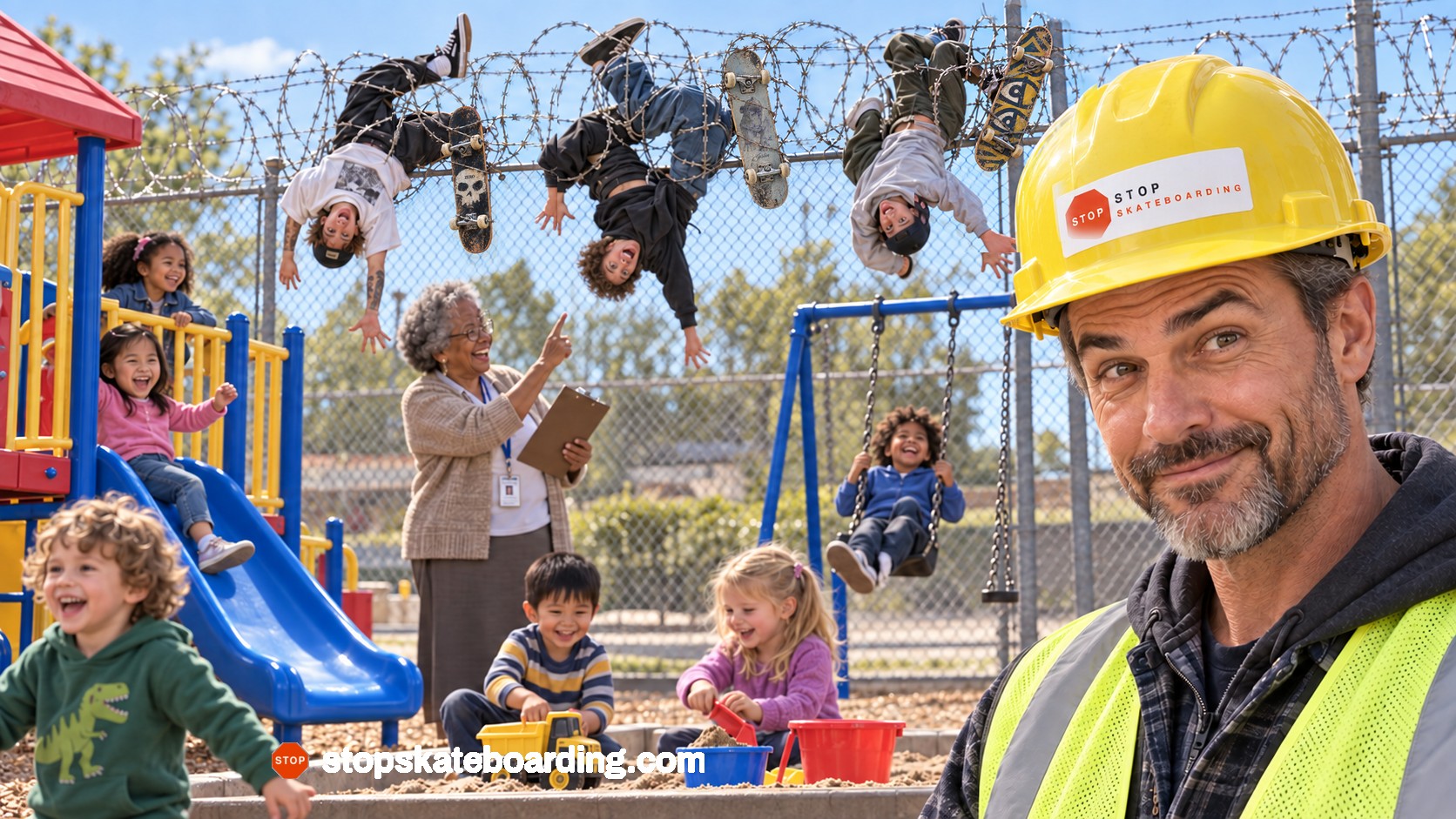 Advertising photo: three skateboarders hang tangled in razor and barbed wire above a preschool playground fence while an elderly teacher wags her finger at them, children play on oblivious, and a smiling man in a yellow Stop Skateboarding hard hat looks at the camera